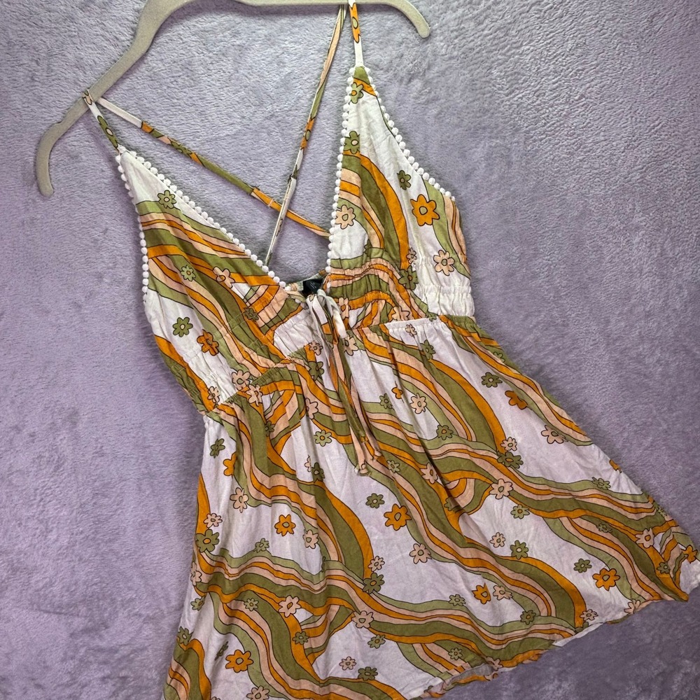Wild Fable Womens Dress Medium Multicolor 70s Retro Floral Pom Pom Mini Boho